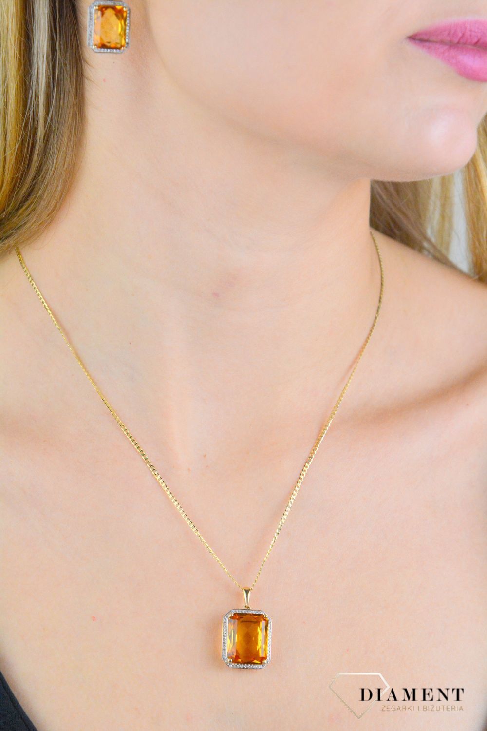 Zawieszka złota damska 585 diamenty z kamieniem naturalnym Cytryn 50 diamentów 0,17 ct. P33406Y CT. Biżuteria z diamentami. Zawieszka złota z cytrynem. Złota zawieszka damska z cytrynem i diamentami. Zawieszka złota z diamentami na prezent..jpg